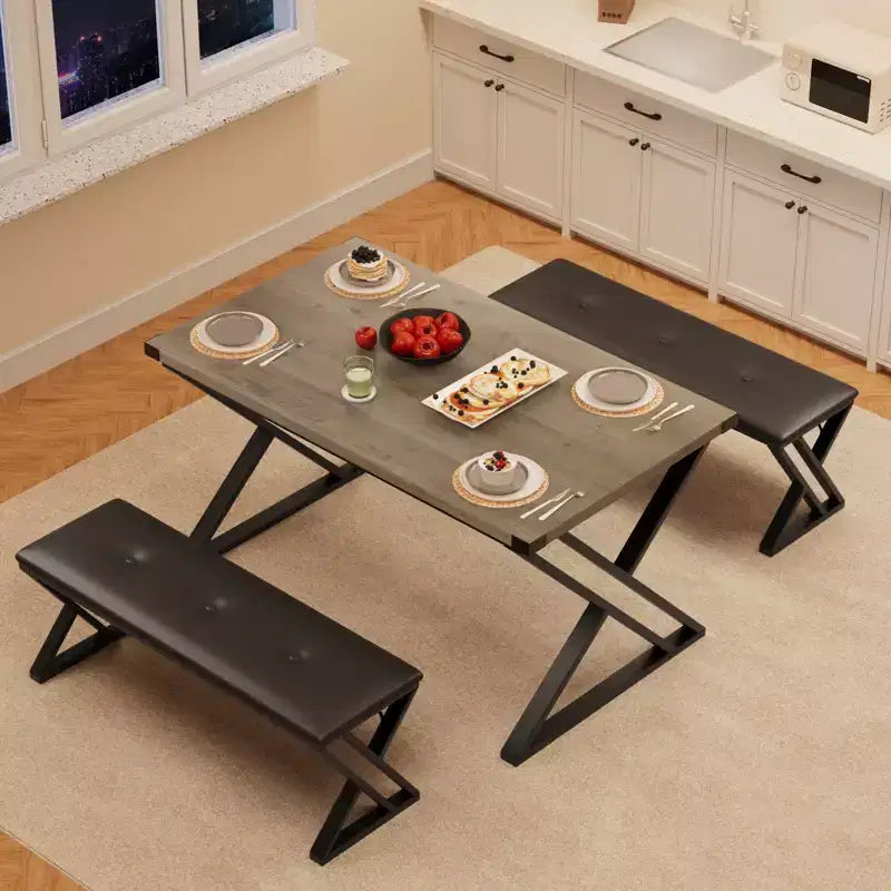 Ensemble de table à manger 3 pièces marron/gris avec 2 bancs, 4 places