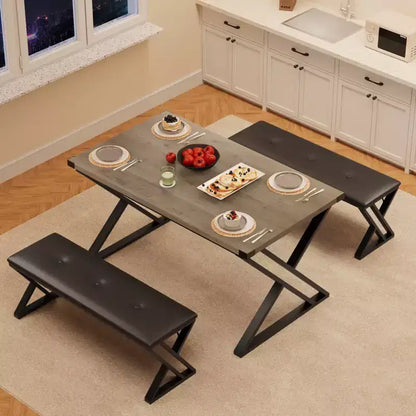 Ensemble de table à manger 3 pièces marron/gris avec 2 bancs, 4 places