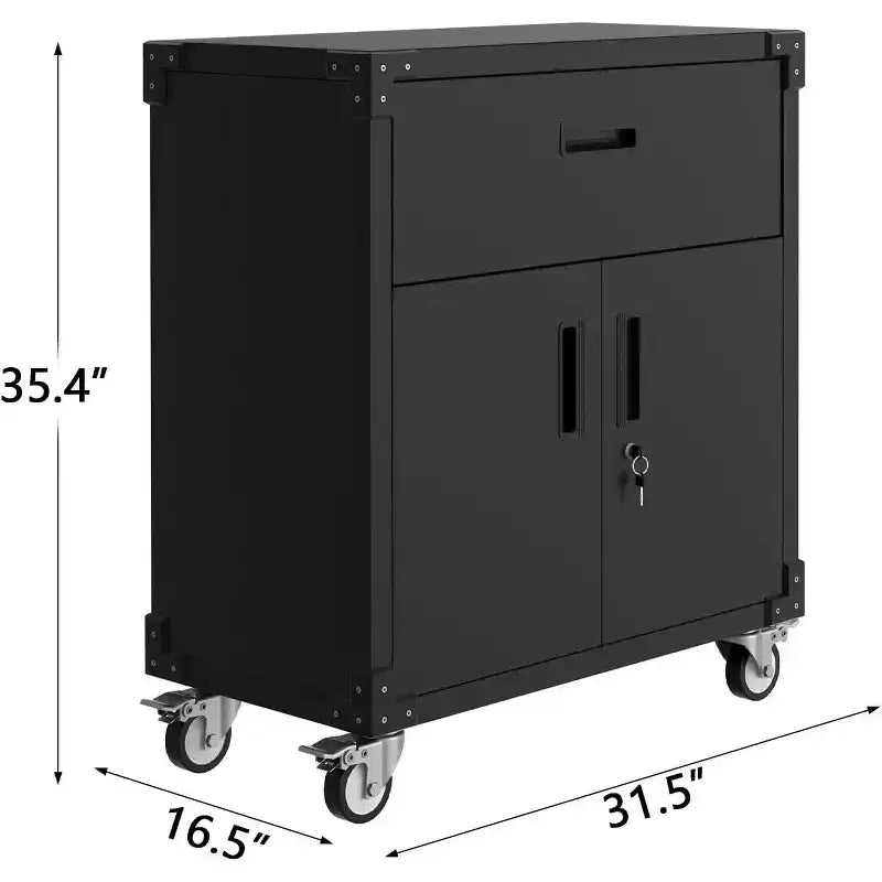 Armoire de rangement noire en acier à 2 portes avec tiroir et étagère réglable