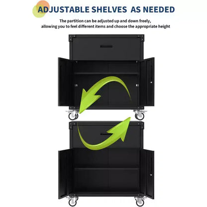 Armoire de rangement noire en acier à 2 portes avec tiroir et étagère réglable