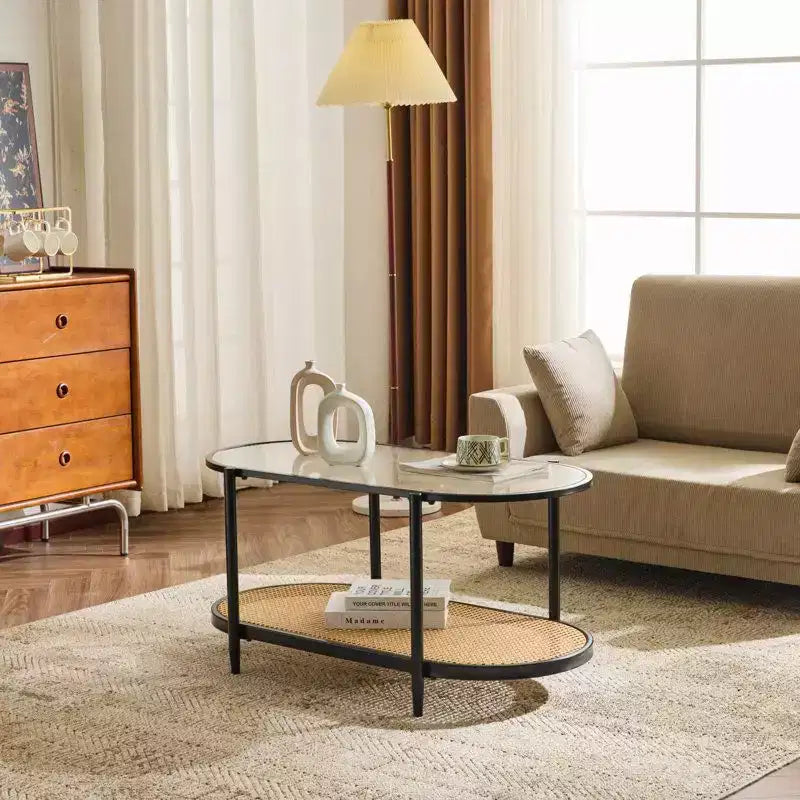 Table basse ovale blanche style rotin pour 1, plateau en verre à 2 niveaux