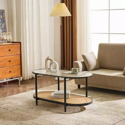 Table basse ovale blanche style rotin pour 1, plateau en verre à 2 niveaux