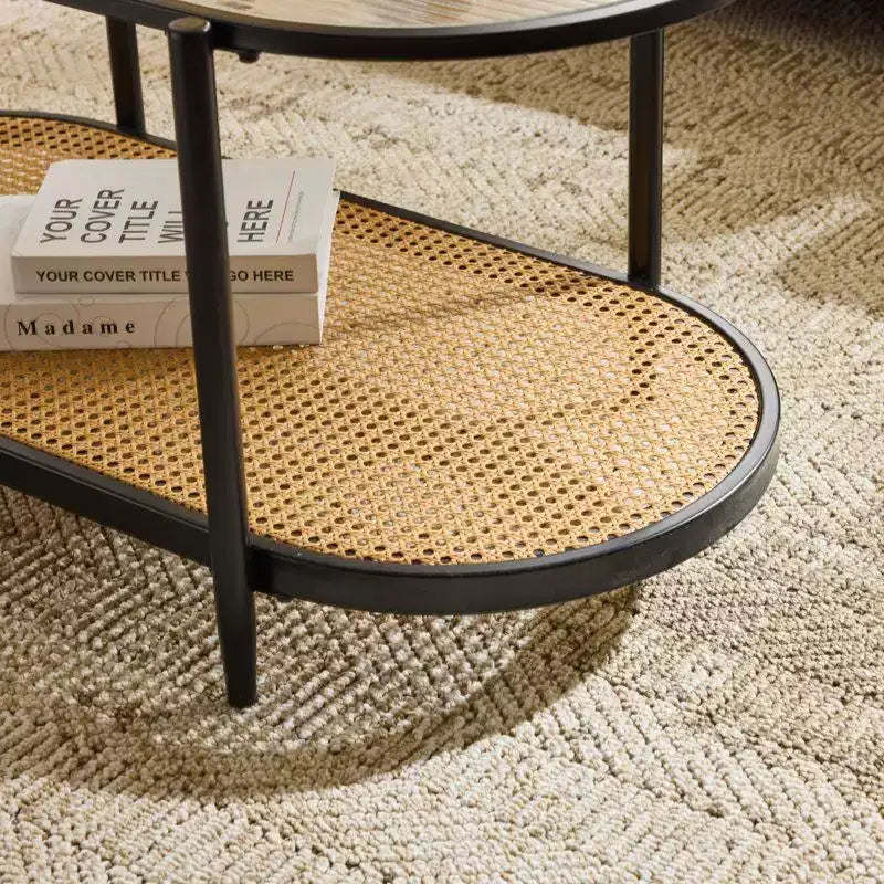 Table basse ovale blanche style rotin pour 1, plateau en verre à 2 niveaux