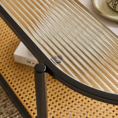 Table basse ovale blanche style rotin pour 1, plateau en verre à 2 niveaux