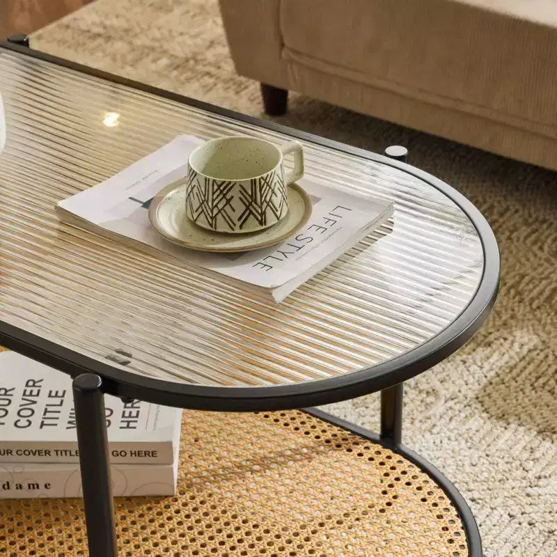 Table basse ovale blanche style rotin pour 1, plateau en verre à 2 niveaux