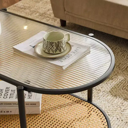 Table basse ovale blanche style rotin pour 1, plateau en verre à 2 niveaux