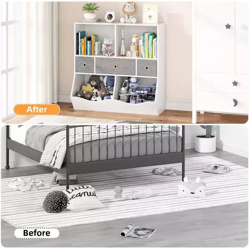 Étagère à Livres et Meuble de Rangement pour Jouets pour Enfants en Bois Blanc avec 3 Tiroirs, 1 Enfant
