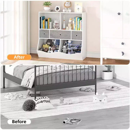 Étagère à Livres et Meuble de Rangement pour Jouets pour Enfants en Bois Blanc avec 3 Tiroirs, 1 Enfant
