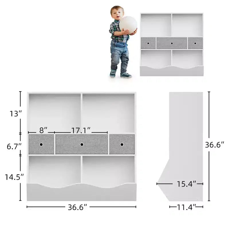 Étagère à Livres et Meuble de Rangement pour Jouets pour Enfants en Bois Blanc avec 3 Tiroirs, 1 Enfant