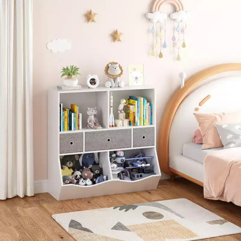 Étagère à Livres et Meuble de Rangement pour Jouets pour Enfants en Bois Blanc avec 3 Tiroirs, 1 Enfant