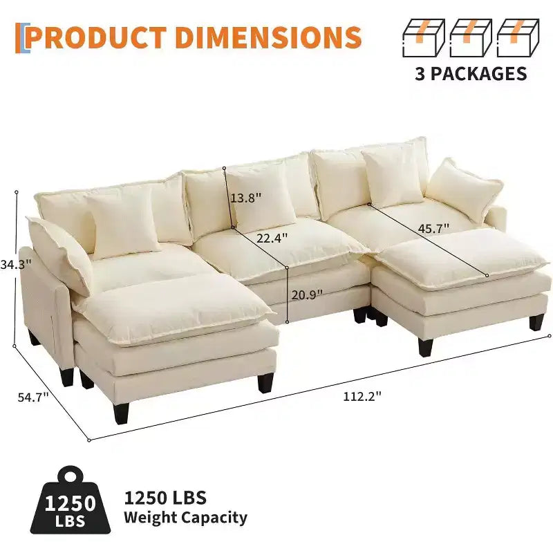 Canapé d'angle en chenille beige/marron clair, 3 places, avec 1 ou 2 poufs