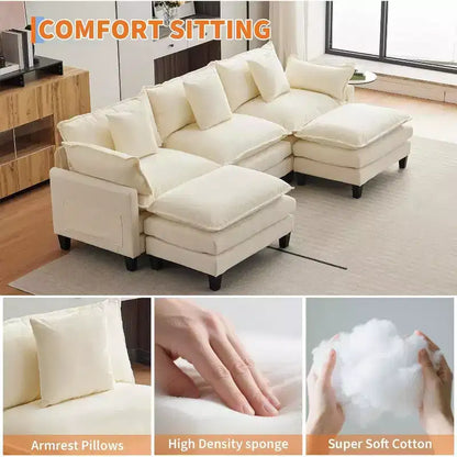 Canapé d'angle en chenille beige/marron clair, 3 places, avec 1 ou 2 poufs