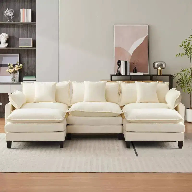 Canapé d'angle en chenille beige/marron clair, 3 places, avec 1 ou 2 poufs