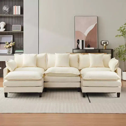 Canapé d'angle en chenille beige/marron clair, 3 places, avec 1 ou 2 poufs