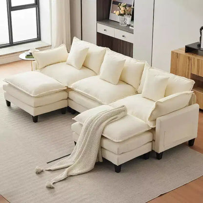 Canapé d'angle en chenille beige/marron clair, 3 places, avec 1 ou 2 poufs