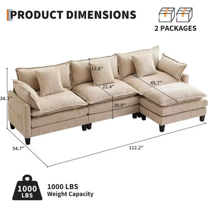 Canapé d'angle en chenille beige/marron clair, 3 places, avec 1 ou 2 poufs