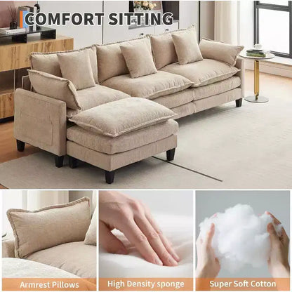 Canapé d'angle en chenille beige/marron clair, 3 places, avec 1 ou 2 poufs