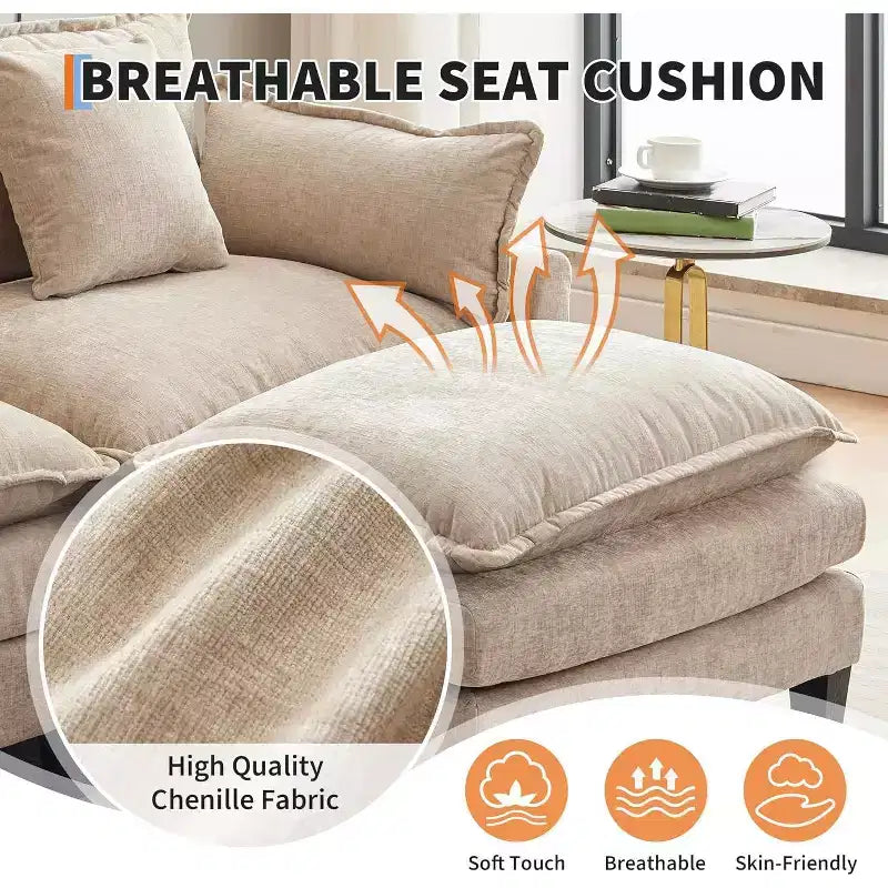 Canapé d'angle en chenille beige/marron clair, 3 places, avec 1 ou 2 poufs