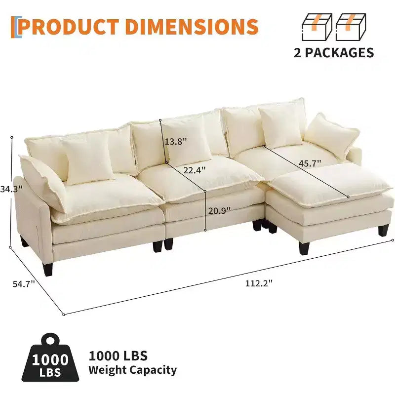 Canapé d'angle en chenille beige/marron clair, 3 places, avec 1 ou 2 poufs
