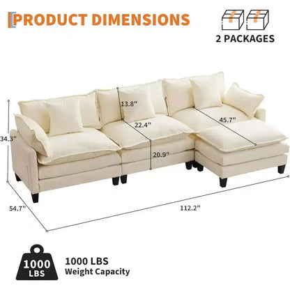 Canapé d'angle en chenille beige/marron clair, 3 places, avec 1 ou 2 poufs