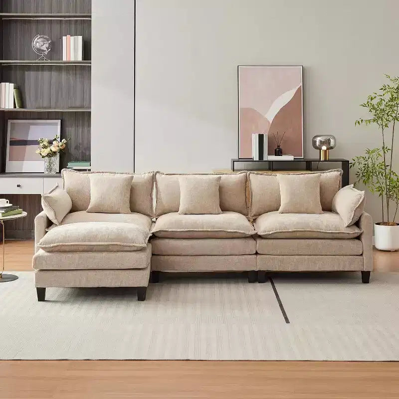 Canapé d'angle en chenille beige/marron clair, 3 places, avec 1 ou 2 poufs