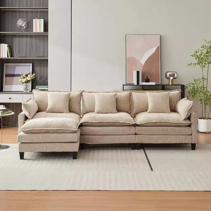 Canapé d'angle en chenille beige/marron clair, 3 places, avec 1 ou 2 poufs