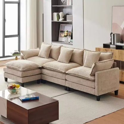 Canapé d'angle en chenille beige/marron clair, 3 places, avec 1 ou 2 poufs