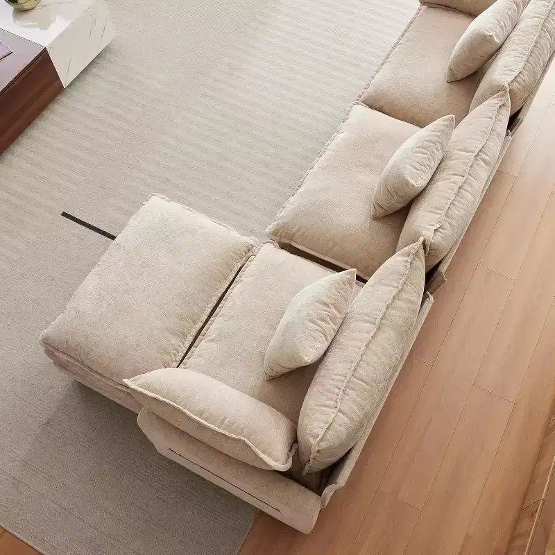 Canapé d'angle en chenille beige/marron clair, 3 places, avec 1 ou 2 poufs
