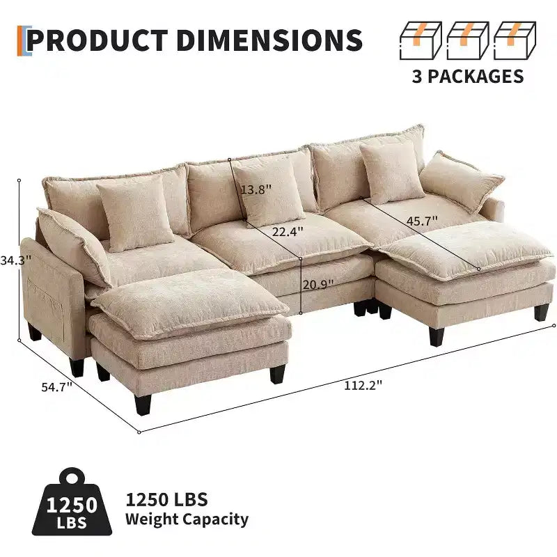 Canapé d'angle en chenille beige/marron clair, 3 places, avec 1 ou 2 poufs