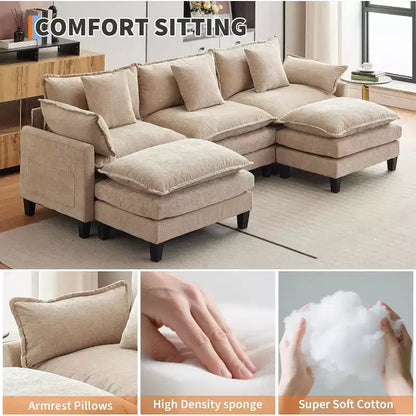 Canapé d'angle en chenille beige/marron clair, 3 places, avec 1 ou 2 poufs