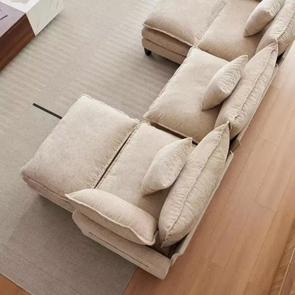 Canapé d'angle en chenille beige/marron clair, 3 places, avec 1 ou 2 poufs
