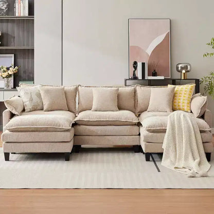 Canapé d'angle en chenille beige/marron clair, 3 places, avec 1 ou 2 poufs