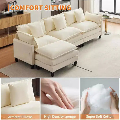 Canapé d'angle en chenille beige/marron clair, 3 places, avec 1 ou 2 poufs