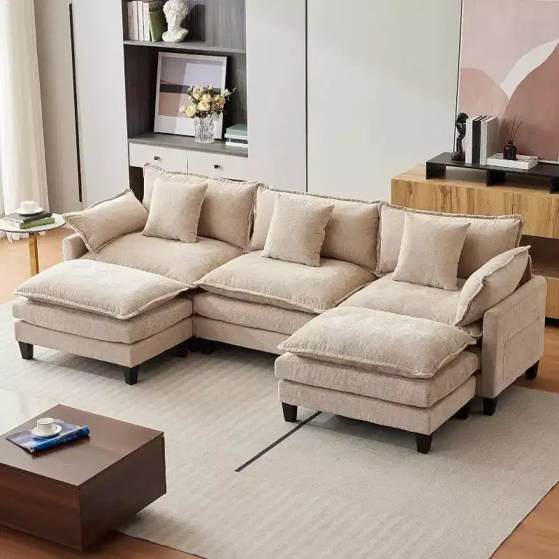 Canapé d'angle en chenille beige/marron clair, 3 places, avec 1 ou 2 poufs