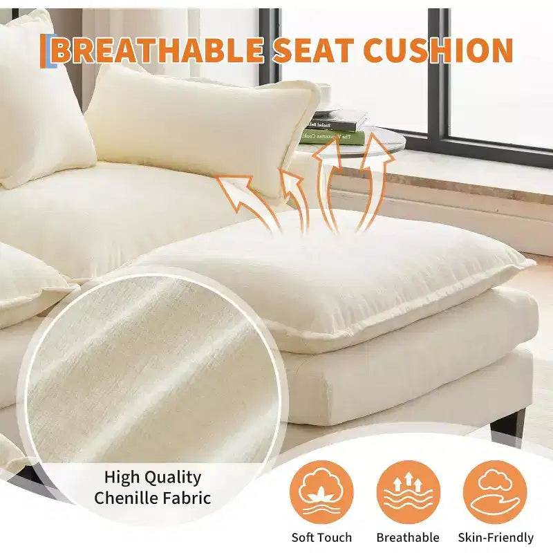 Canapé d'angle en chenille beige/marron clair, 3 places, avec 1 ou 2 poufs