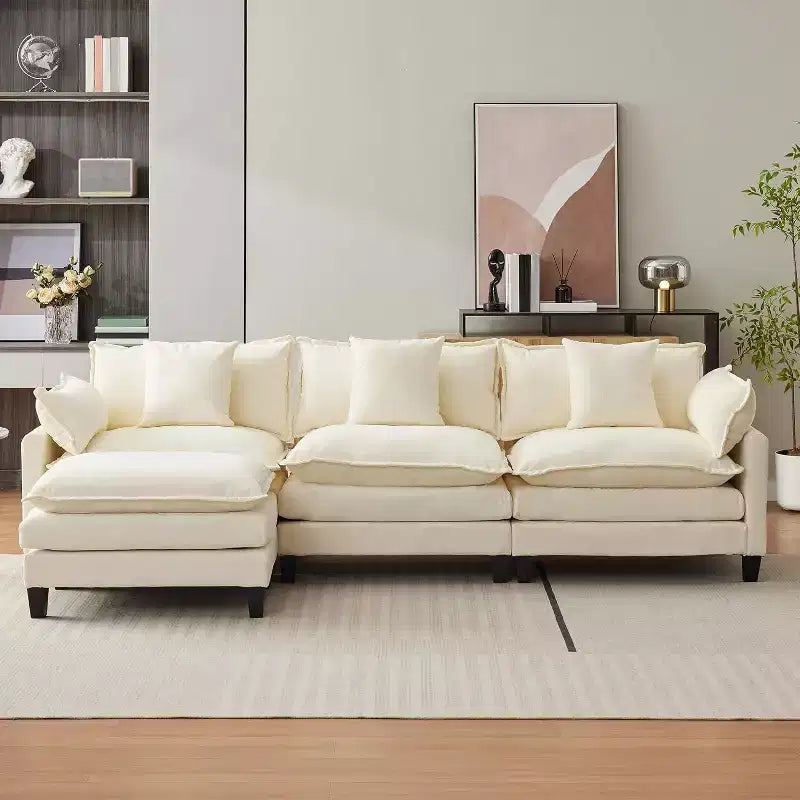 Canapé d'angle en chenille beige/marron clair, 3 places, avec 1 ou 2 poufs