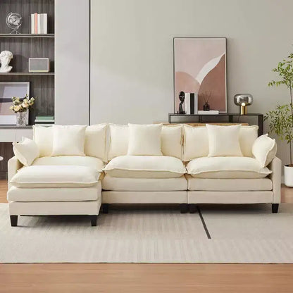 Canapé d'angle en chenille beige/marron clair, 3 places, avec 1 ou 2 poufs