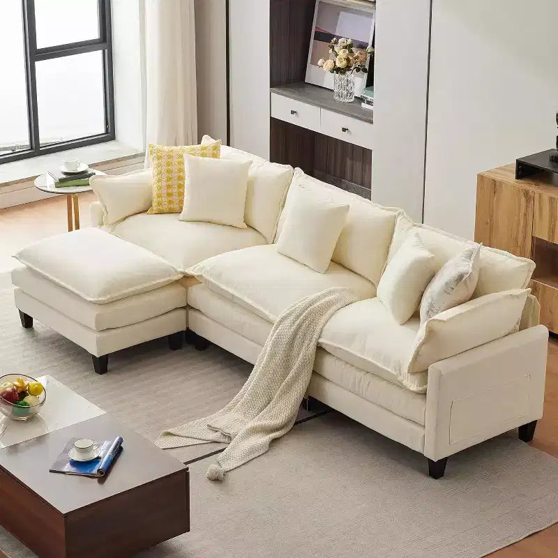 Canapé d'angle en chenille beige/marron clair, 3 places, avec 1 ou 2 poufs