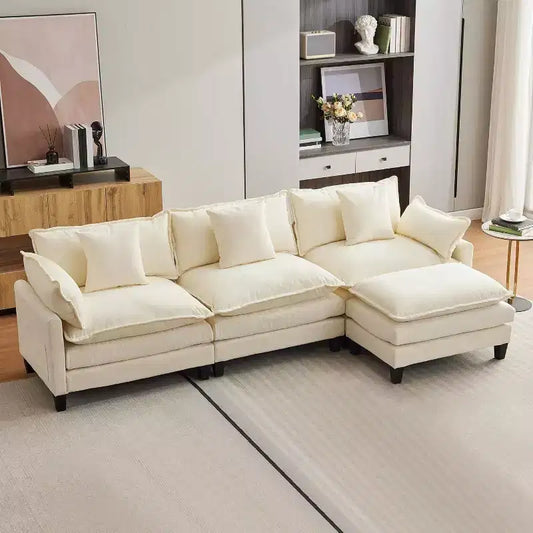 112''L-Shaped Modern Sofa Modular Combination Cloud Sofa with Ottoman 3-Seater Chenille Combo Set with 1 Footstool for Home