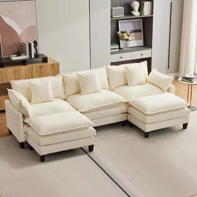 Canapé d'angle en chenille beige/marron clair, 3 places, avec 1 ou 2 poufs