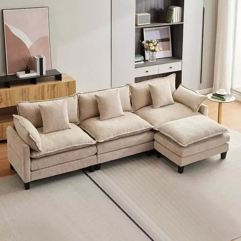 Canapé d'angle en chenille beige/marron clair, 3 places, avec 1 ou 2 poufs