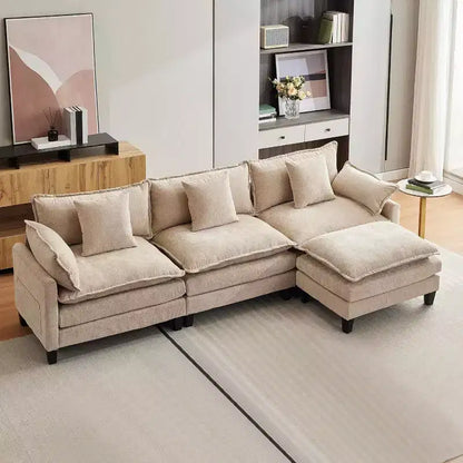 Canapé d'angle en chenille beige/marron clair, 3 places, avec 1 ou 2 poufs