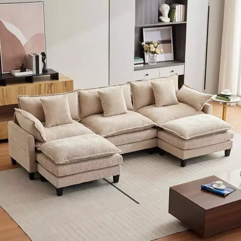 Canapé d'angle en chenille beige/marron clair, 3 places, avec 1 ou 2 poufs