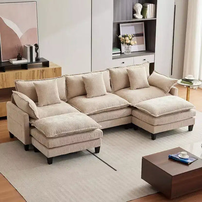 Canapé d'angle en chenille beige/marron clair, 3 places, avec 1 ou 2 poufs