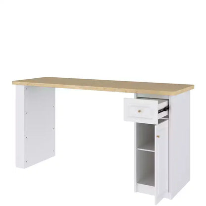 Meuble de buanderie autoportant blanc et bois avec étagères réglables et tiroir, 82,7 po larg.