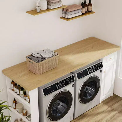 Meuble de buanderie autoportant blanc et bois avec étagères réglables et tiroir, 82,7 po larg.