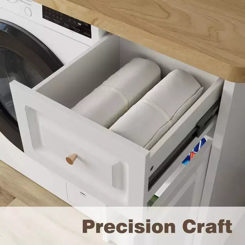 Meuble de buanderie autoportant blanc et bois avec étagères réglables et tiroir, 82,7 po larg.