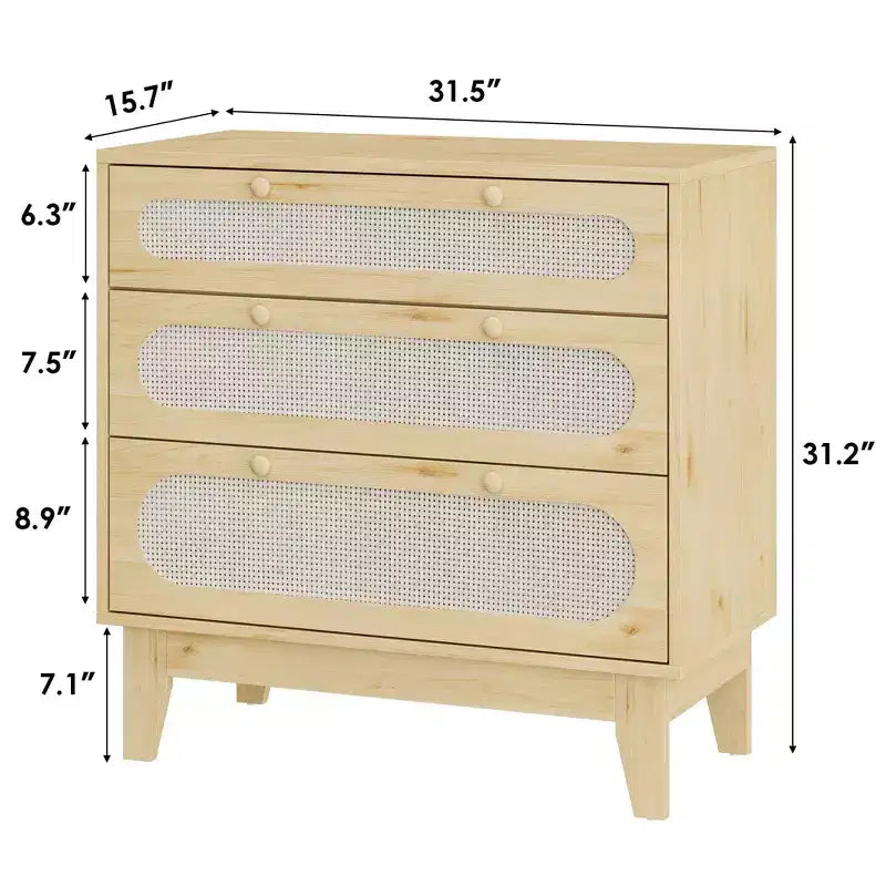 Commode en rotin à 3 tiroirs beige, meuble de rangement en bois et MDF, 79,2 cm H, pour 1 personne