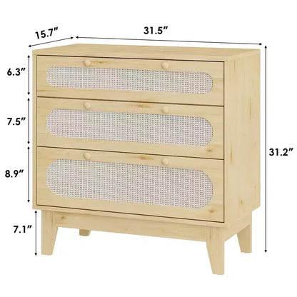 Commode en rotin à 3 tiroirs beige, meuble de rangement en bois et MDF, 79,2 cm H, pour 1 personne