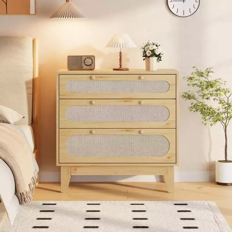 Commode en rotin à 3 tiroirs beige, meuble de rangement en bois et MDF, 79,2 cm H, pour 1 personne
